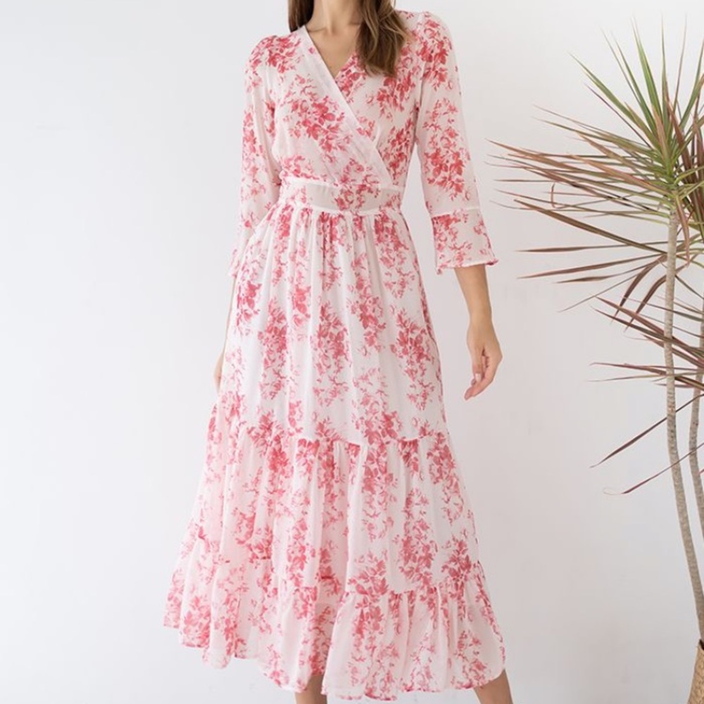 FLOUNCED CUFFS FLORAL PRINT CHIFFON WRAP DRESS | CHICWISH | L | EUC